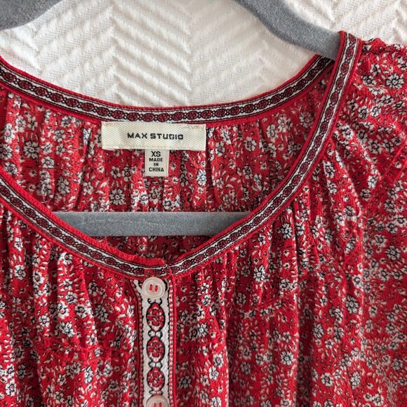 Max Studio Red Floral Tie Waist Midi Dress Side Slits XS/S Cottagecore Feminine - Picture 2 of 14